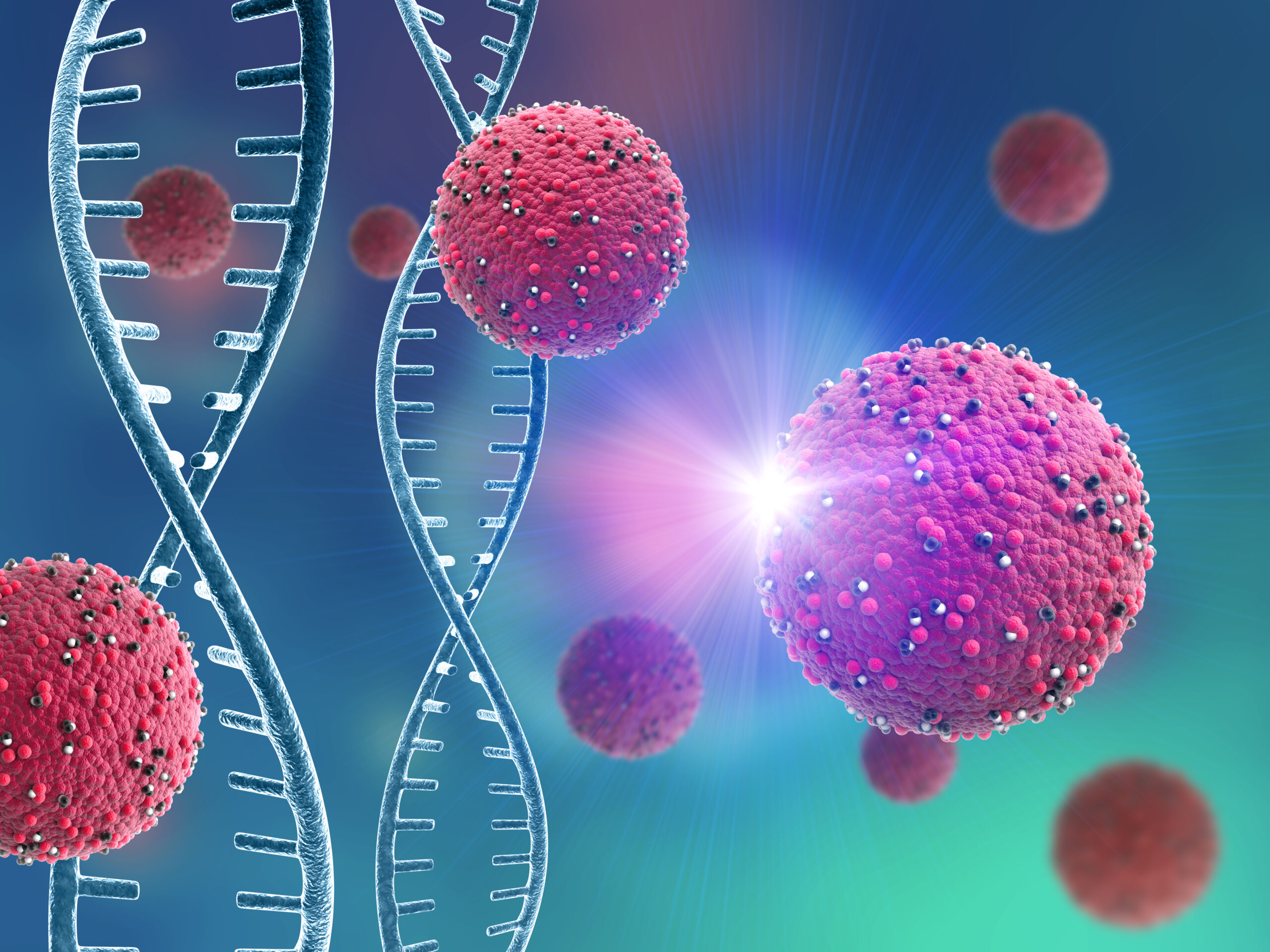 3D render of a medical background with abstract virus cells and DNA strands